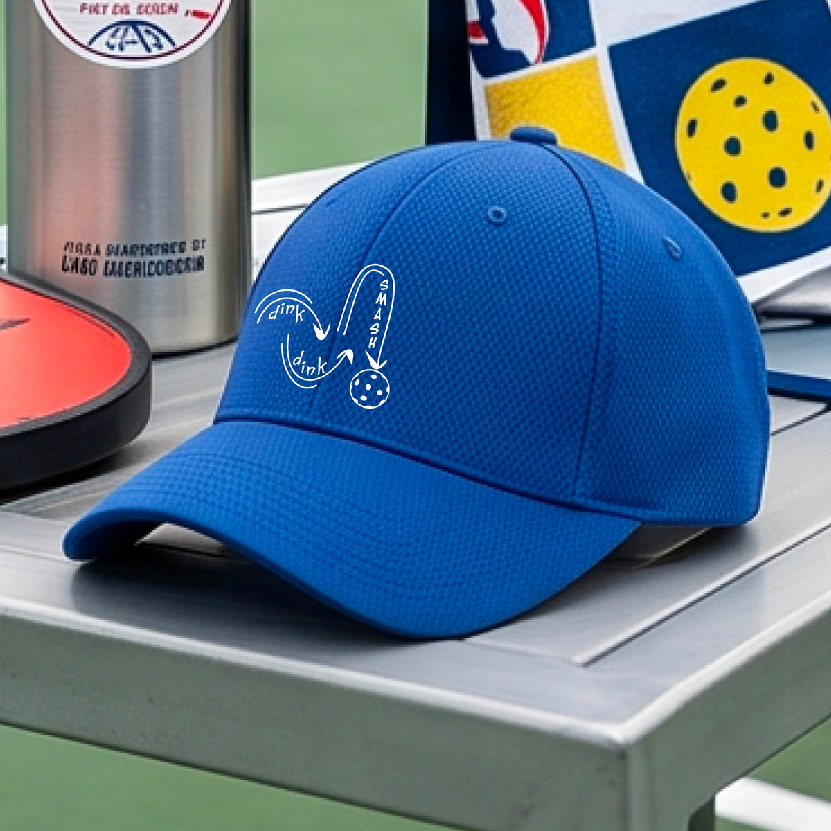 A close-up lifestyle shot of a royal blue athletic mid-profile hat with a white pickleball 'DINK DINK SMASH' logo with a pickleball graphic
