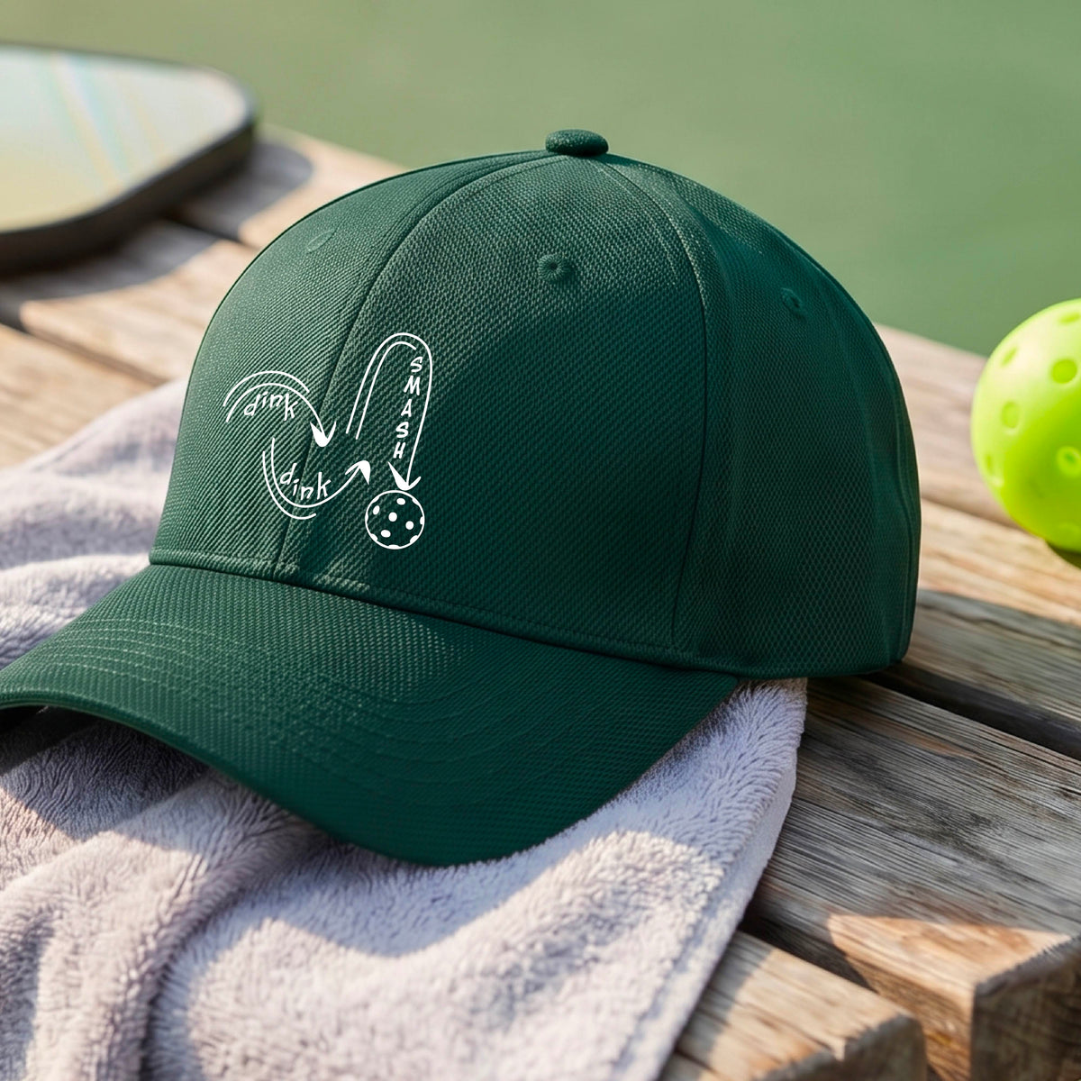 A close-up lifestyle shot of a green athletic mid-profile hat with a white pickleball 'DINK DINK SMASH' logo with a pickleball graphic