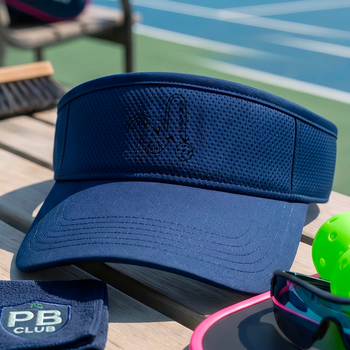 A close-up lifestyle shot of a royal blue athletic visor with a black pickleball 'DINK DINK SMASH' logo with a pickleball graphic.