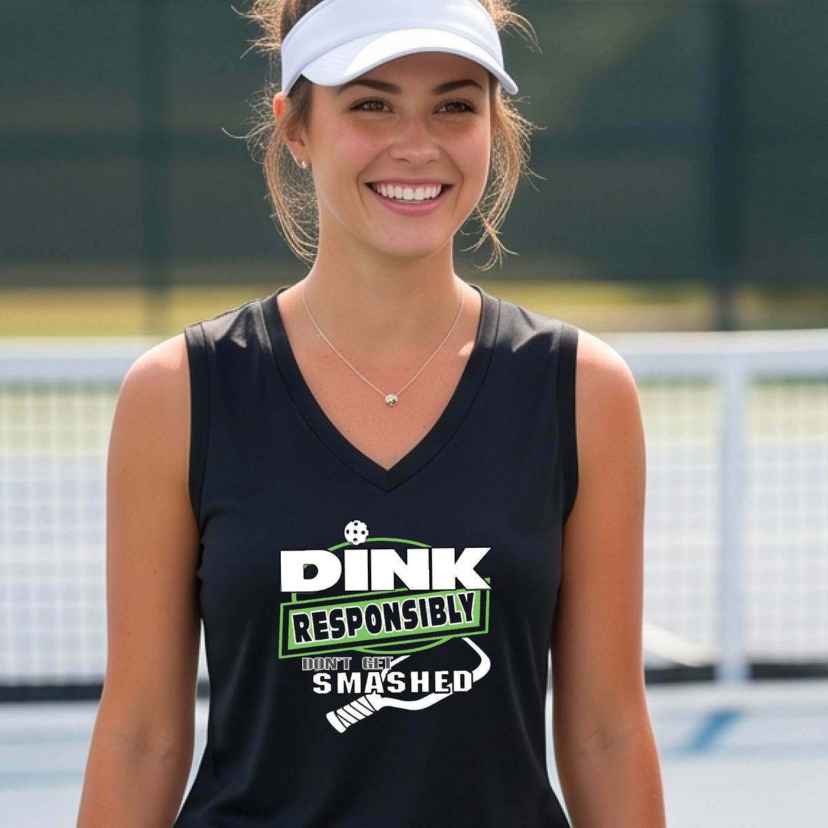 A close-up of a woman wearing  black sleeveless athletic tank top with a green and white graphic that reads 'DINK RESPONSIBLY DON'T LET SMASHED' with a pickleall paddle below the text.