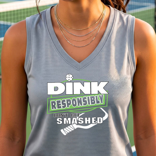 A close-up of a woman wearing a silver gray sleeveless athletic tank top with a green and white graphic that reads 'DINK RESPONSIBLY DON'T LET SMASHED' with a pickleall paddle below the text. 