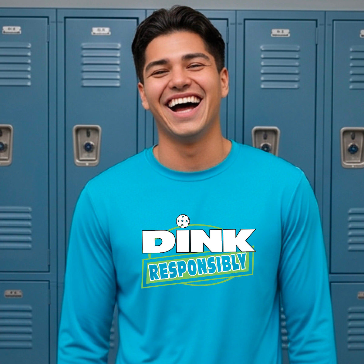 A man wearing a bright blue long-sleeve t-shirt with a graphic that reads 'DINK RESPONSIBLY' in white and green.