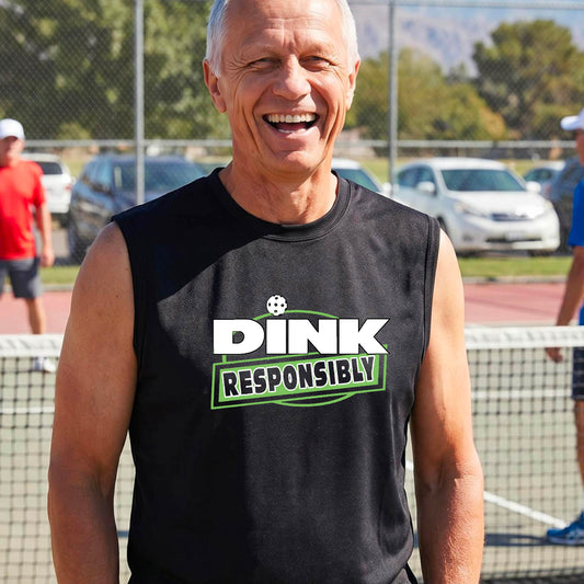 A smiling man wearing a black sleeveless athletic shirt with a green and white 'DINK RESPONSIBLY' graphic, standing on an outdoor pickleball court.