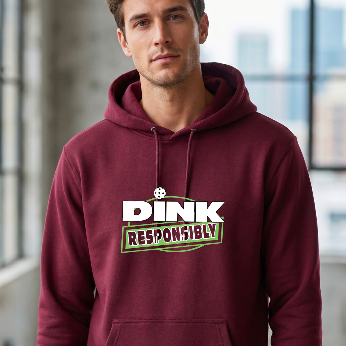 A man wearing a pickleball maroon pullover hoodie with a graphic on the chest that reads 'DINK RESPONSIBLY' in white and green.
