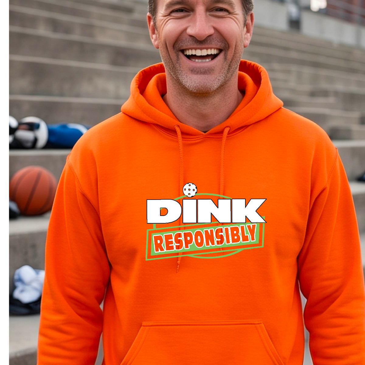 A man wearing a pickleball bright orange pullover hoodie with a graphic on the chest that reads 'DINK RESPONSIBLY' in white and green .