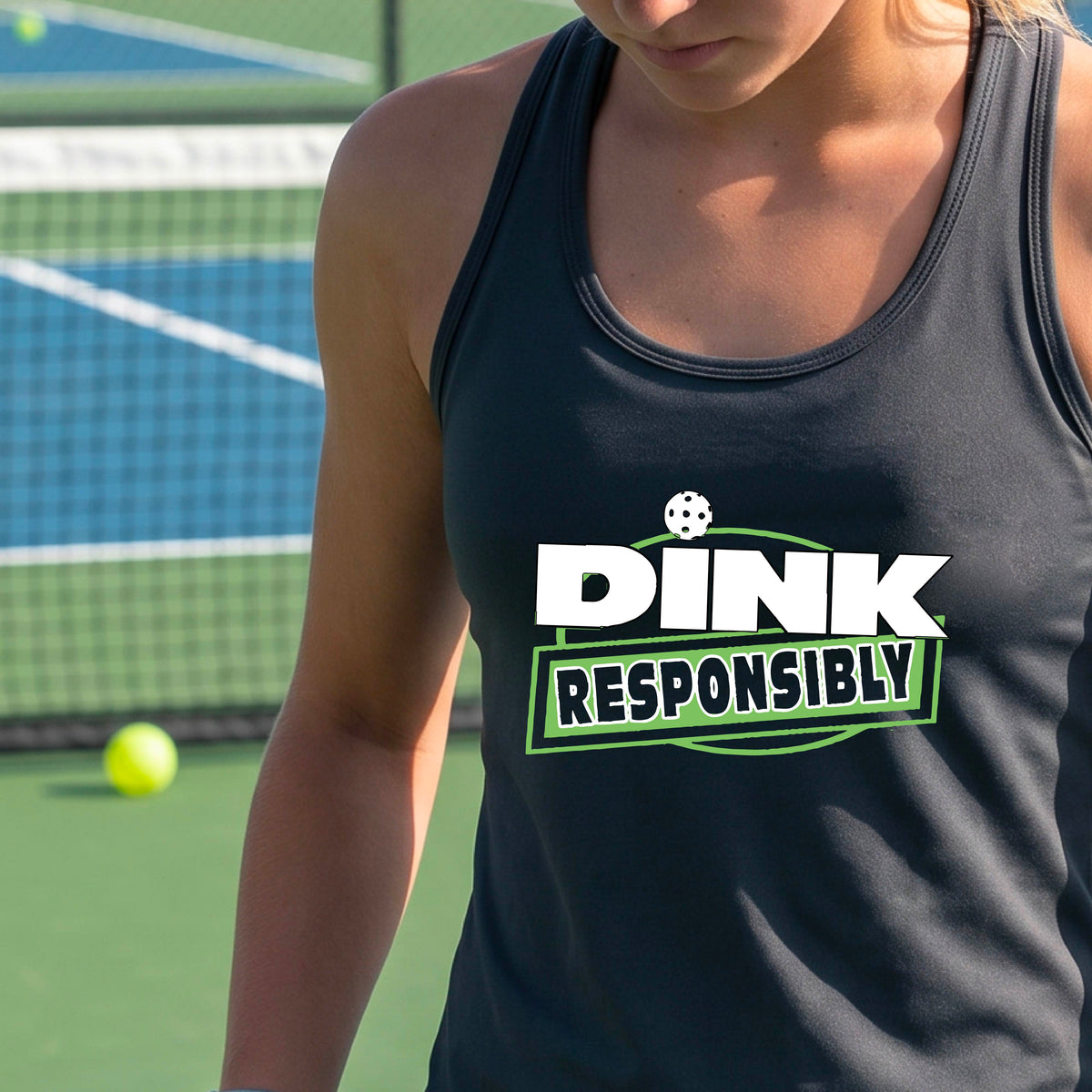 A woman on a pickleball court wearing a dark gray  pink tank top with a 'DINK RESPONSIBLY' graphic printed on the front.