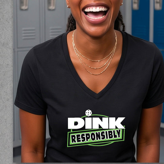 A woman wearing a black V-neck t-shirt with a pickleball 'DINK RESPONSIBLY' graphic on the ches.