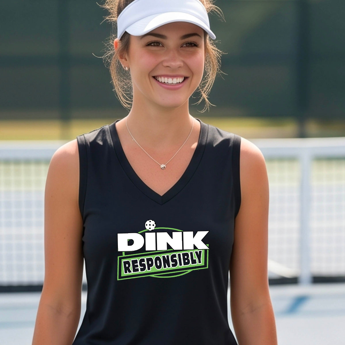 A smiling woman on a pickleball court wearing a black sleeveless V-neck athletic tank top with a green and white 'DINK Responsibly' graphic on the front,.