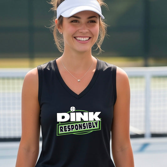 A smiling woman on a pickleball court wearing a black sleeveless V-neck athletic tank top with a green and white 'DINK Responsibly' graphic on the front,.