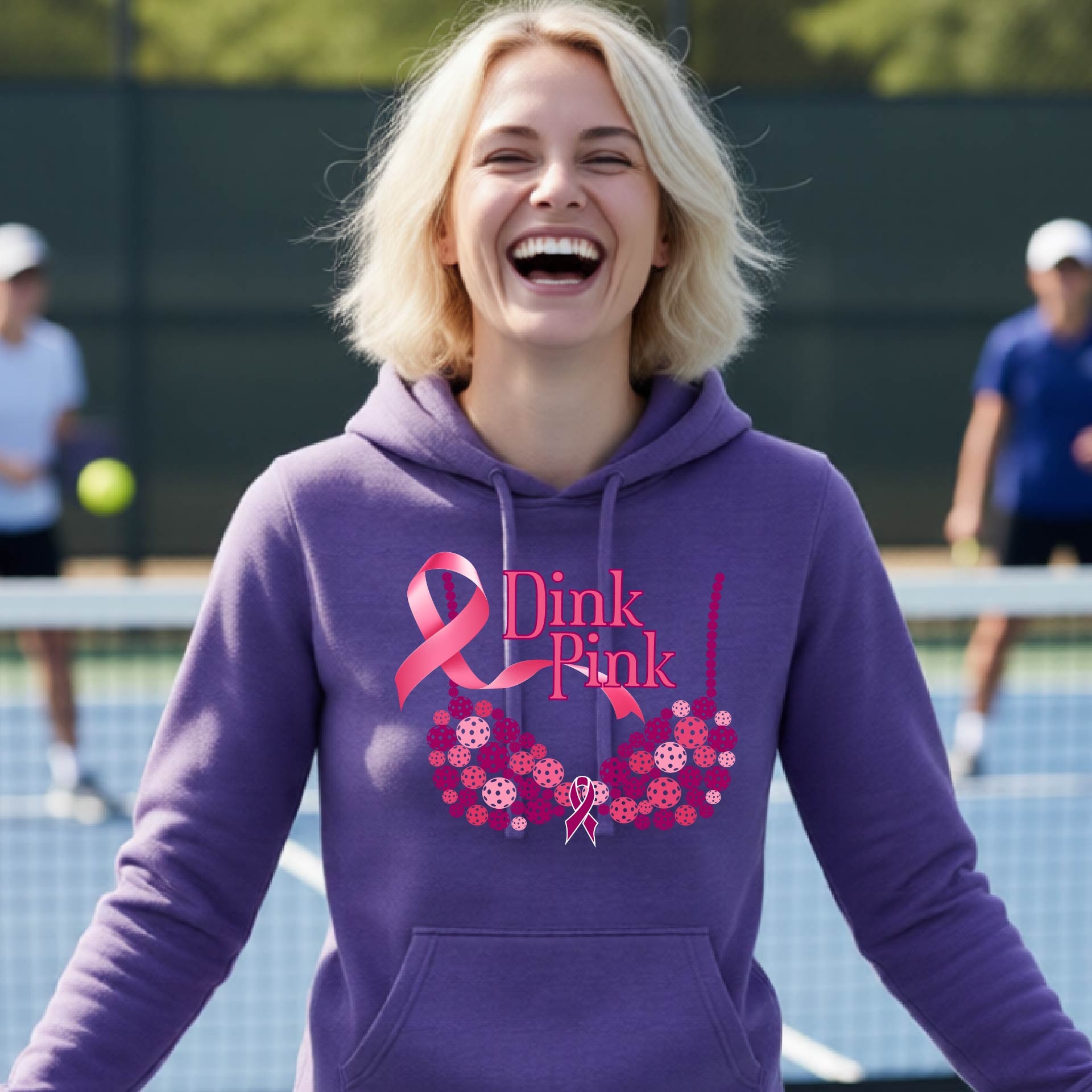 A woman smiling on a pickleball court wearing a purple hoodie with a pink 'Dink Pink' graphic made of pickleball and a ribbon and a bra-shaped floral design.