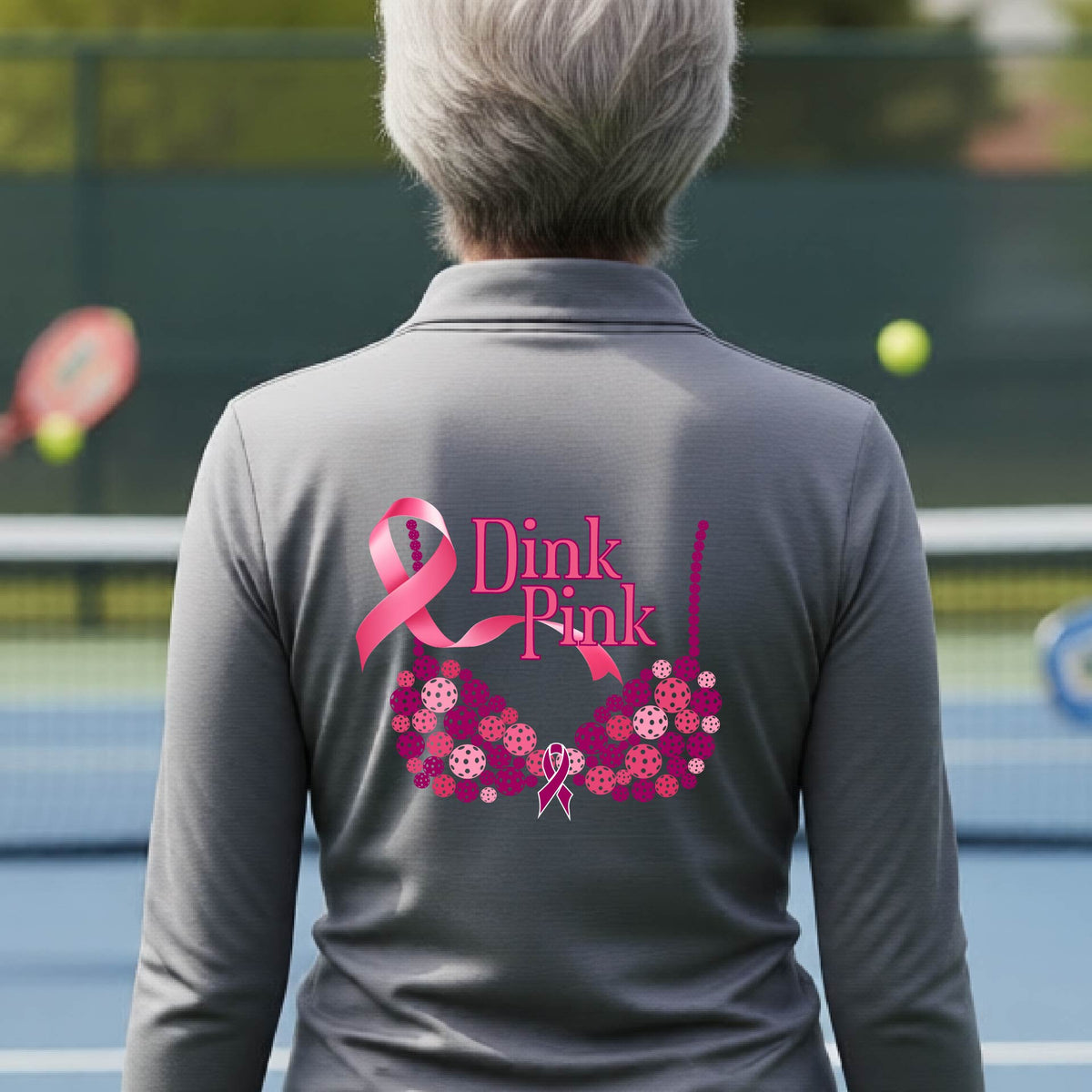 A woman viewed from behind on a pickleball court, wearing a gray long-sleeve athletic quarter-zip shirt with a large pink and purple 'Dink Pink' bra graphic made of pickleballs and ribbon design printed on the back.