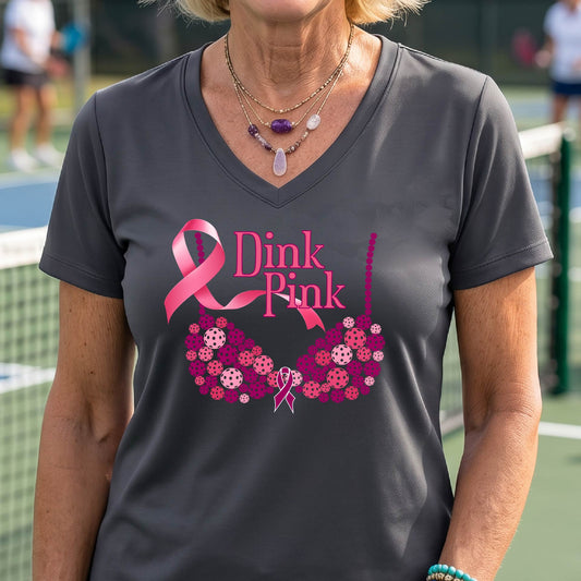 A woman wearing a dark gray V-neck t-shirt with a pink 'Dink Pink' breast cancer awareness graphic on the front, set against a blurred pickleball court background.
