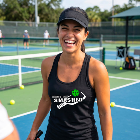 A woman on a pickleball court wearing a black athletic racerback tank top with a white and green 'DON'T GET SMASHED' graphic with a pickleball paddle and colorful pickleball. 