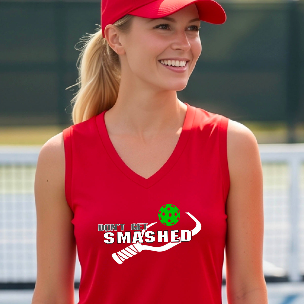 A smiling woman wearing a red sleeveless V-neck athletic tank top with a pickleball -themed graphic that reads 'DON'T GET SMASHED' and shows a white pickleball paddle and colorful pickleball. 