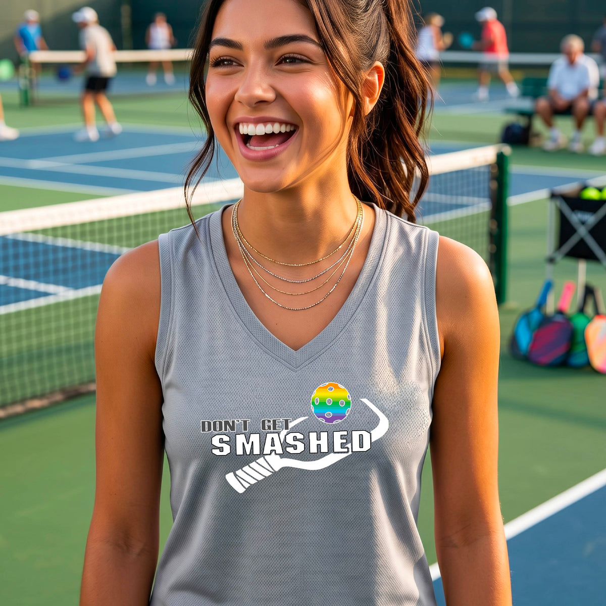 A smiling woman wearing a silver light gray sleeveless V-neck athletic tank top with a pickleball -themed graphic that reads 'DON'T GET SMASHED' and shows a white pickleball paddle and colorful pickleball. 
