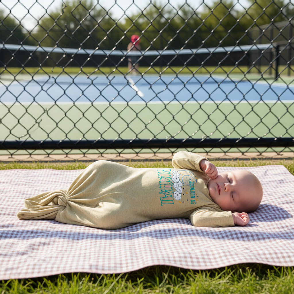 A baby wearing a pale yellow long-sleeve sleep sack with a blue graphic that says 'Dreaming of Pickleball" lies on a red-and-white checkered blanket on grass, with a chain-link fence and outdoor pickleball court in the background.
