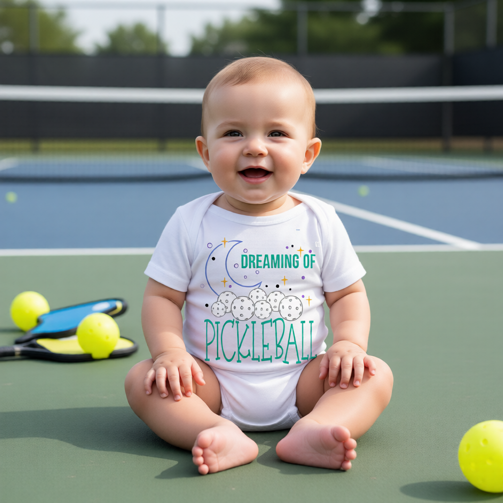 A baby sitting on a pickleball court wearing a white bodysuit with a colorful graphic that reads 'DREAMING OF PICKLEBALL'.
