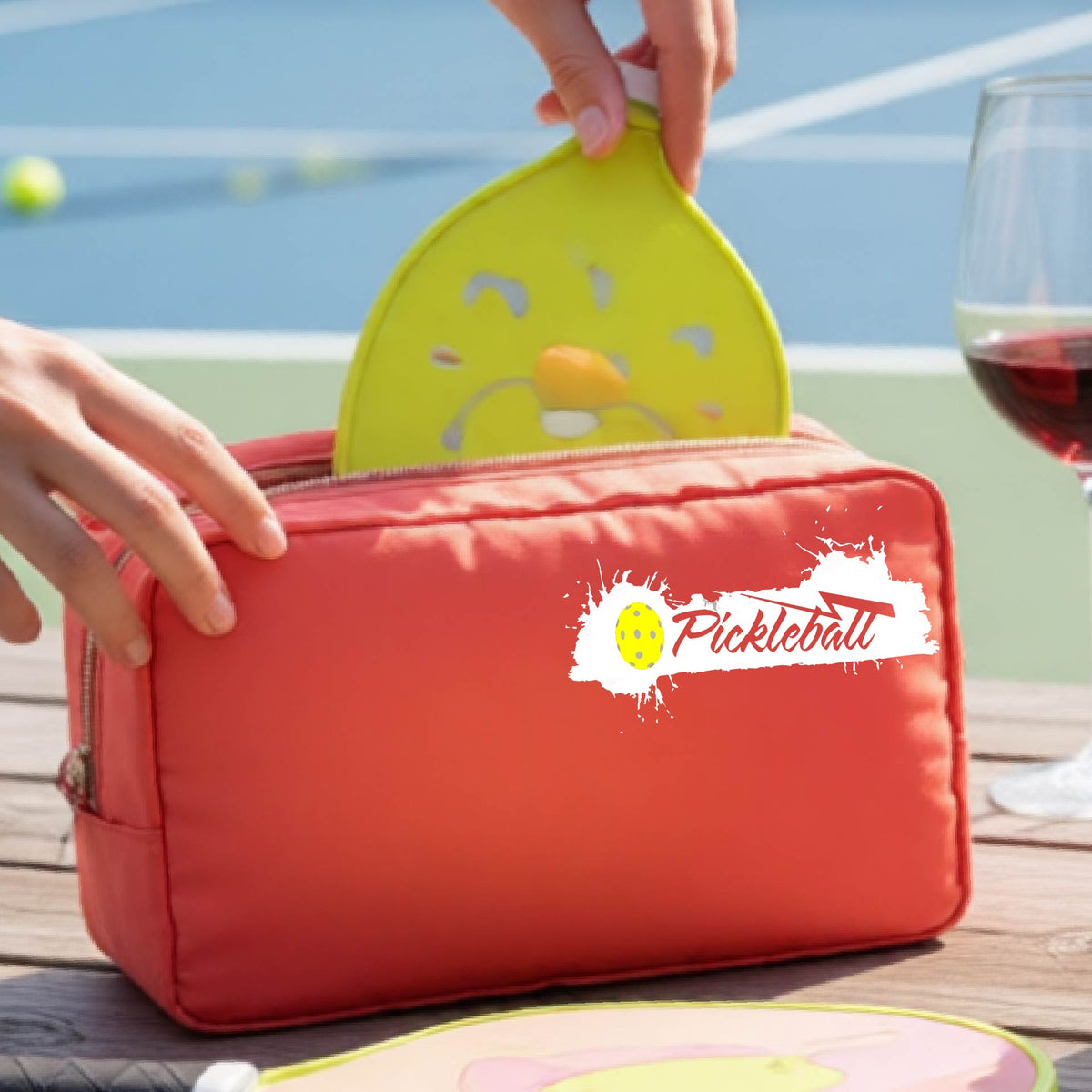 A coral zippered pickleball-themed cosmetic bag with a white pickleball splaltter graphic and pickleball icon. 