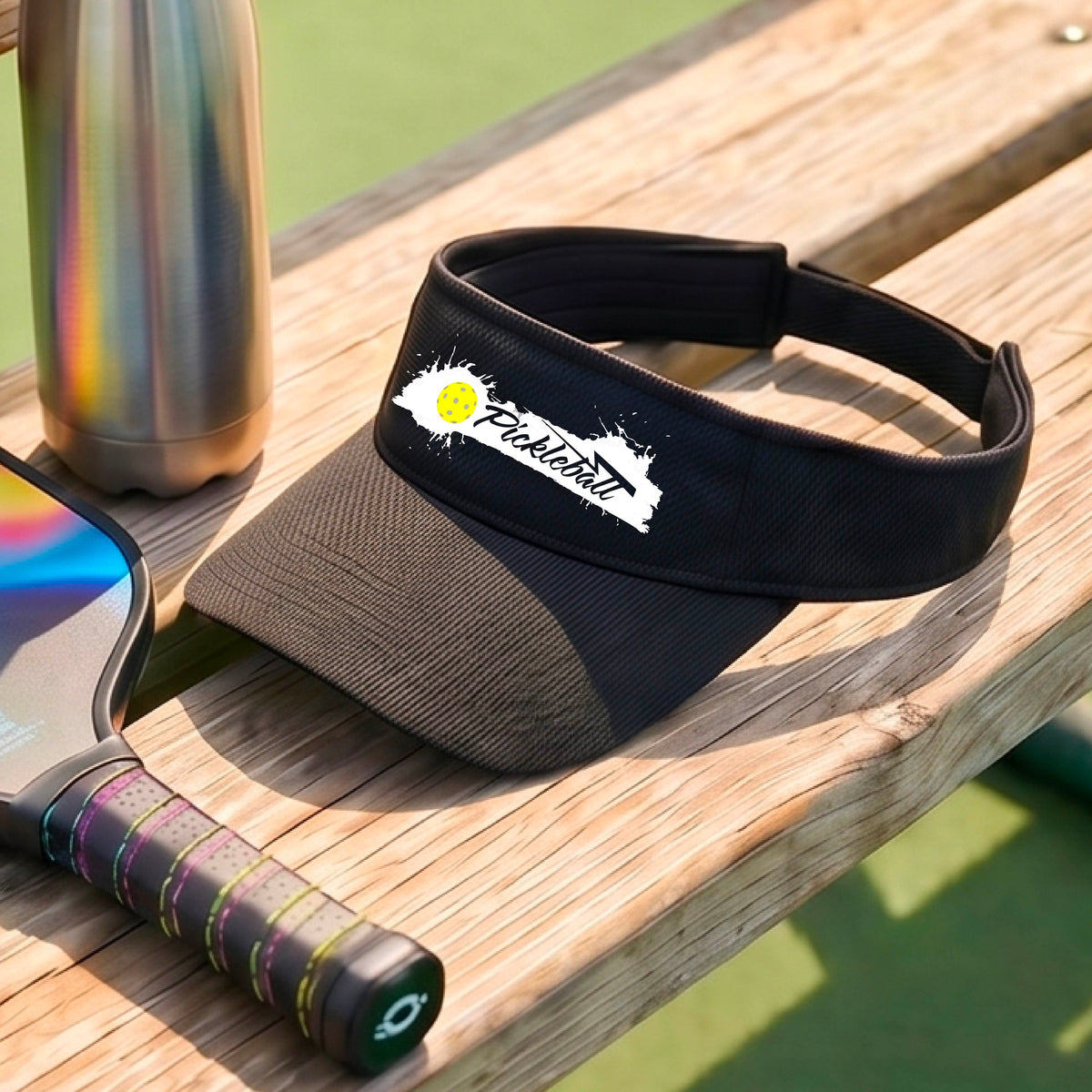 A black visor with a white paint-splatter logo that reads 'Pickleball' and a yellow pickleball graphic, photographed outdoors on a pickleball court.