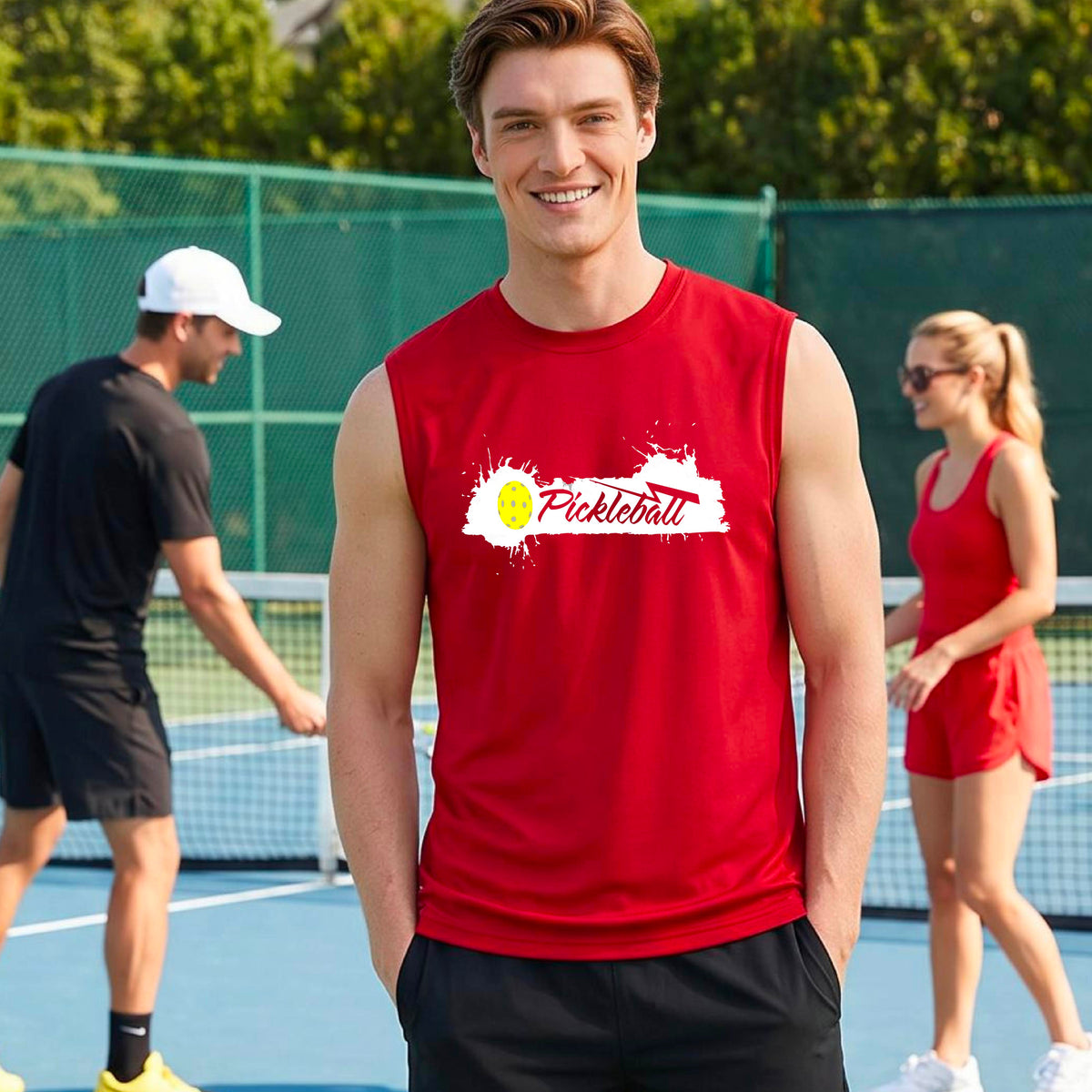 A smiling man wearing a red sleeveless athletic tank top with a 'Pickleball' splatter graphic stands on an outdoor pickleball court. 