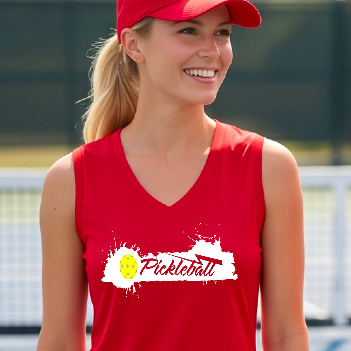 A smiling woman wearing a red sleeveless V-neck athletic top astanding on a pickleball court. The top has a white paint-splatter graphic with a yellow pickleball and the word 'Pickleball' across the chest.