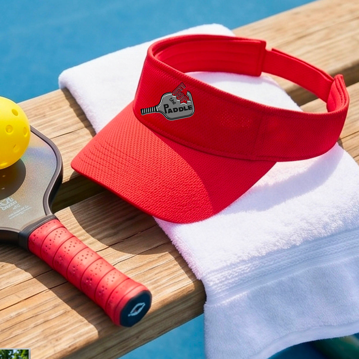 A close up of a red visor with a 'Fear the Paddle' cutout from a pickleall paddle with a blurred pickleblal court in the background.