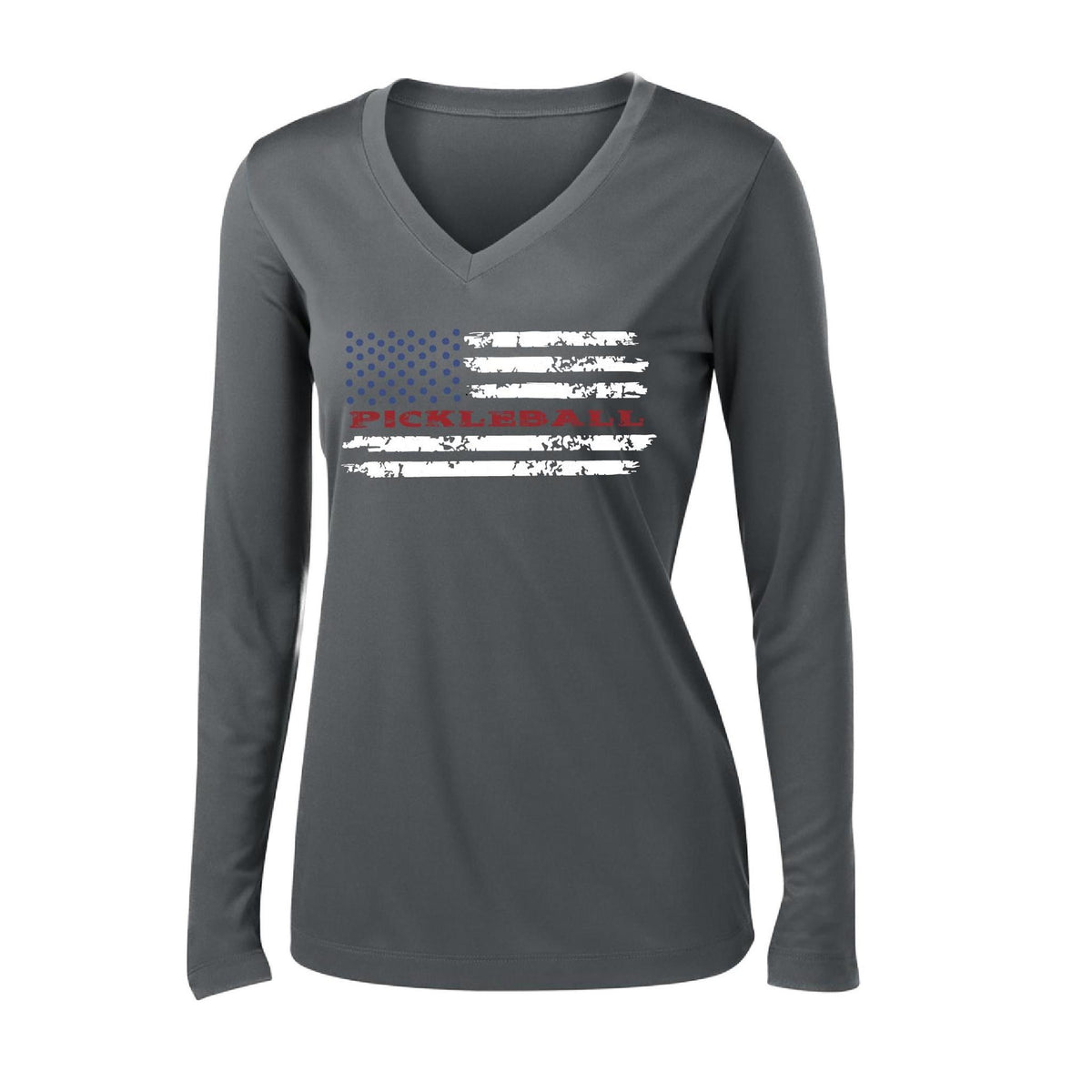 Pickleball Flag (Custom) | Women's Long Sleeve V-Neck Pickleball Performance T-Shirts | 100% Polyester