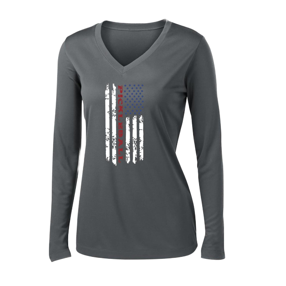 Pickleball Flag (Custom) | Women's Long Sleeve V-Neck Pickleball Performance T-Shirts | 100% Polyester