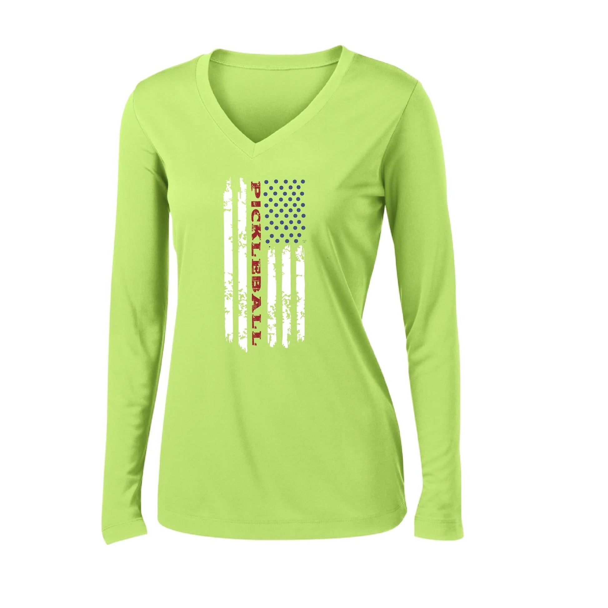 Pickleball Flag (Customizable) | Women's Long Sleeve V-Neck Pickleball Performance T-Shirts | 100% Polyester
