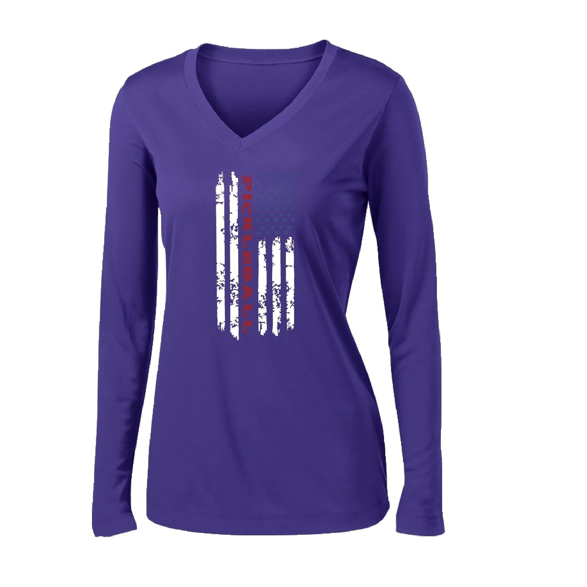 Pickleball Flag (Customizable) | Women's Long Sleeve V-Neck Pickleball Performance T-Shirts | 100% Polyester