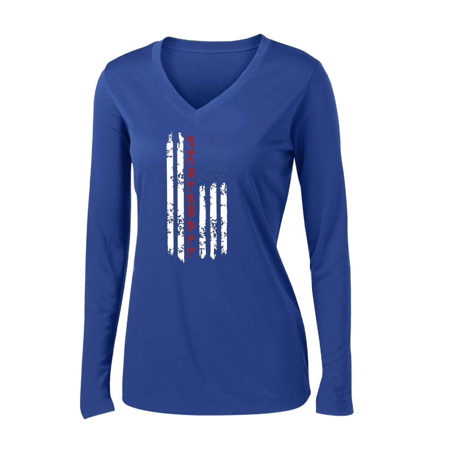 Pickleball Flag (Customizable) | Women's Long Sleeve V-Neck Pickleball Performance T-Shirts | 100% Polyester