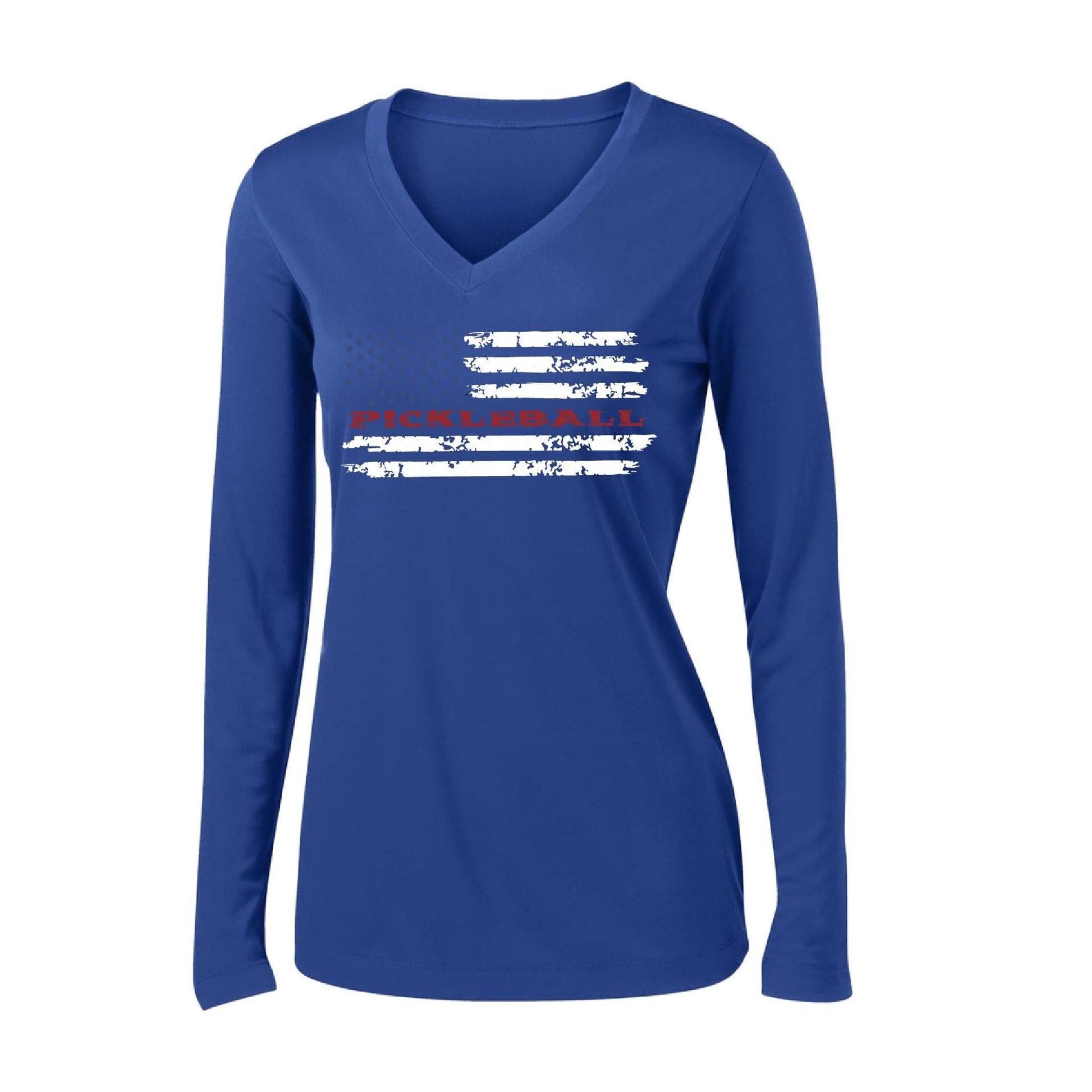 Pickleball Flag (Customizable) | Women's Long Sleeve V-Neck Pickleball Performance T-Shirts | 100% Polyester