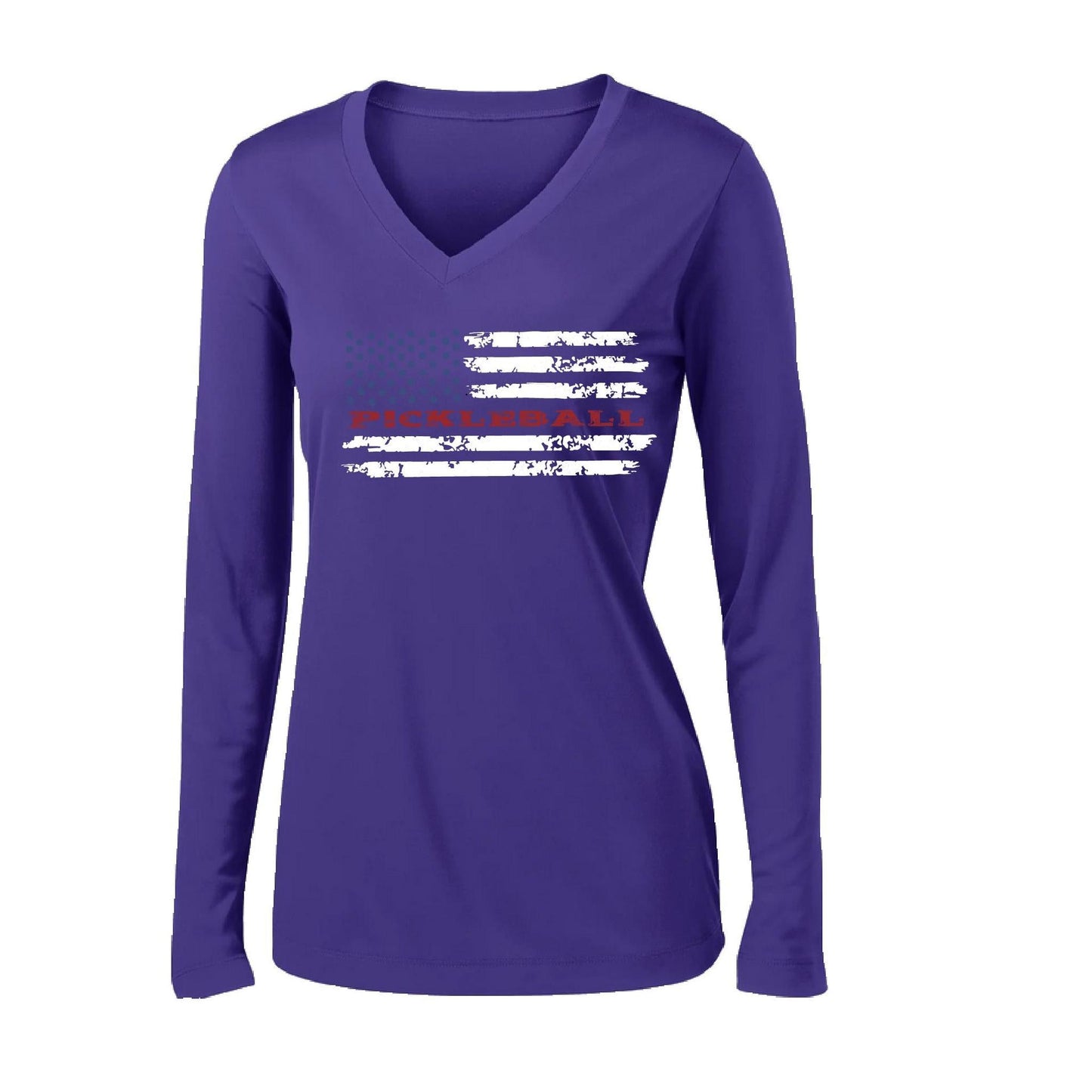 Pickleball Flag (Customizable) | Women's Long Sleeve V-Neck Pickleball Performance T-Shirts | 100% Polyester