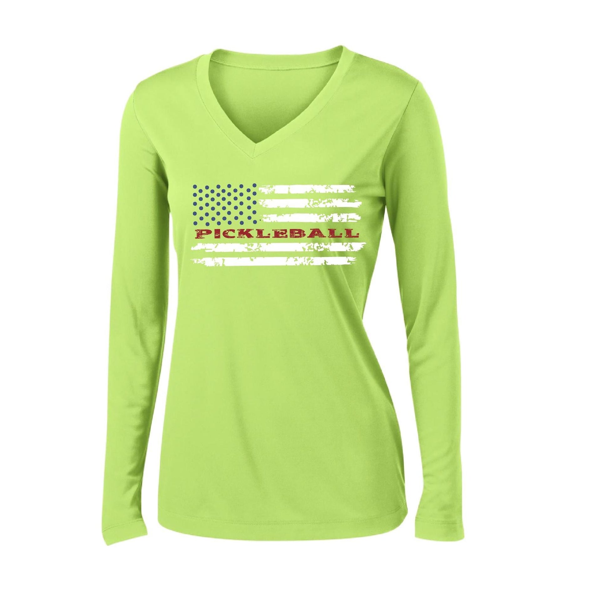 Pickleball Flag (Customizable) | Women's Long Sleeve V-Neck Pickleball Performance T-Shirts | 100% Polyester