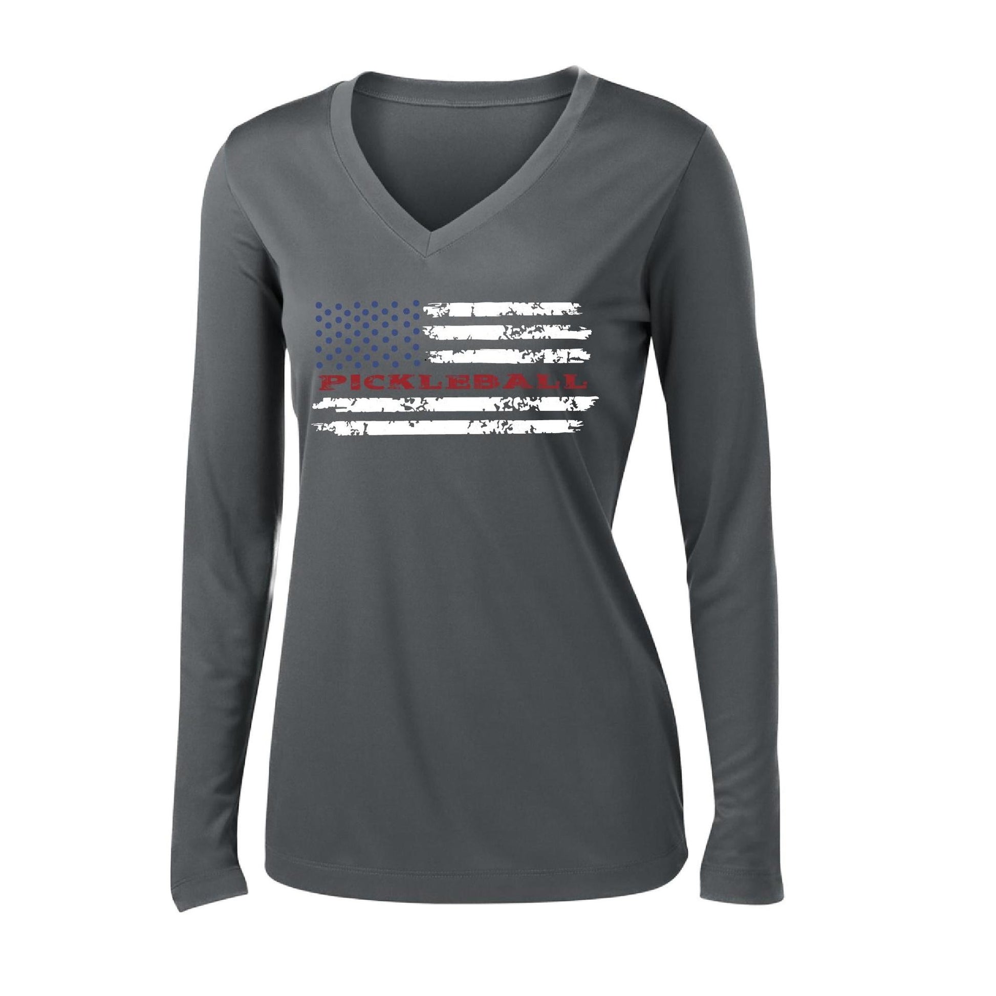 Pickleball Flag (Customizable) | Women's Long Sleeve V-Neck Pickleball Performance T-Shirts | 100% Polyester