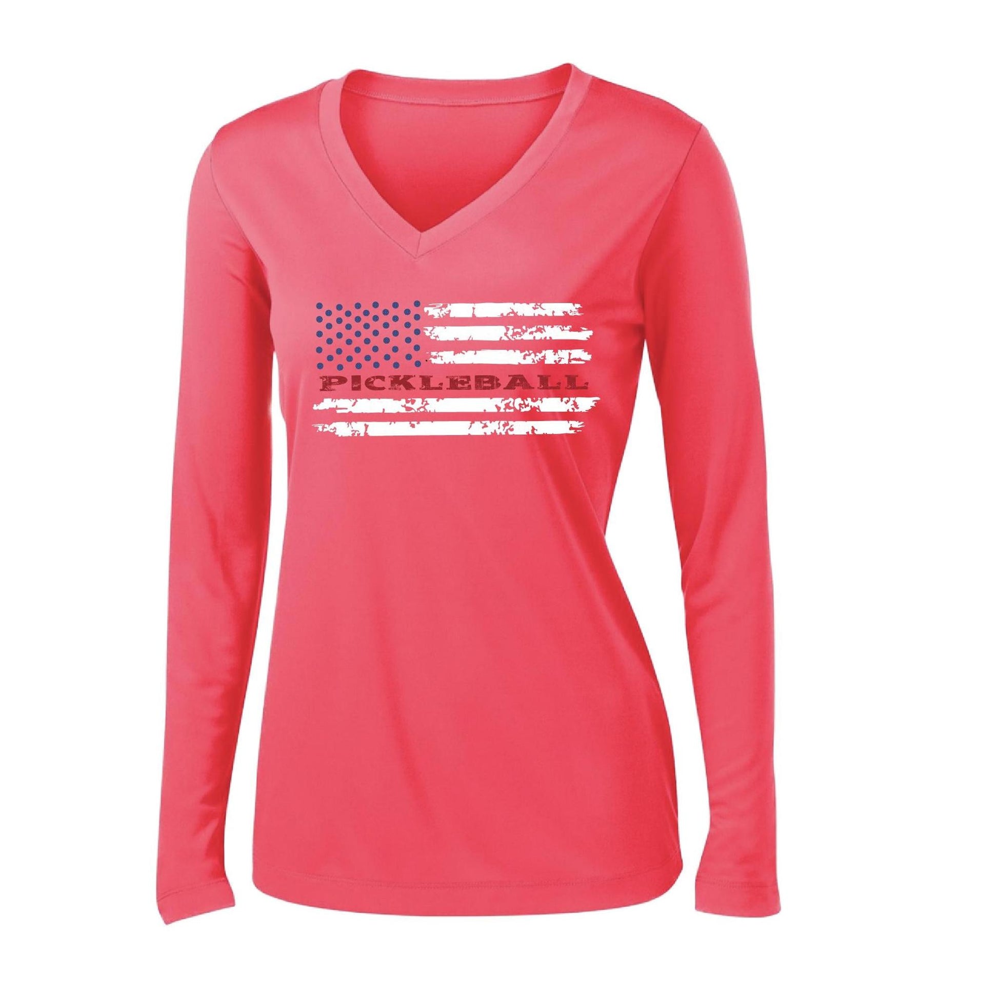 Pickleball Flag (Customizable) | Women's Long Sleeve V-Neck Pickleball Performance T-Shirts | 100% Polyester