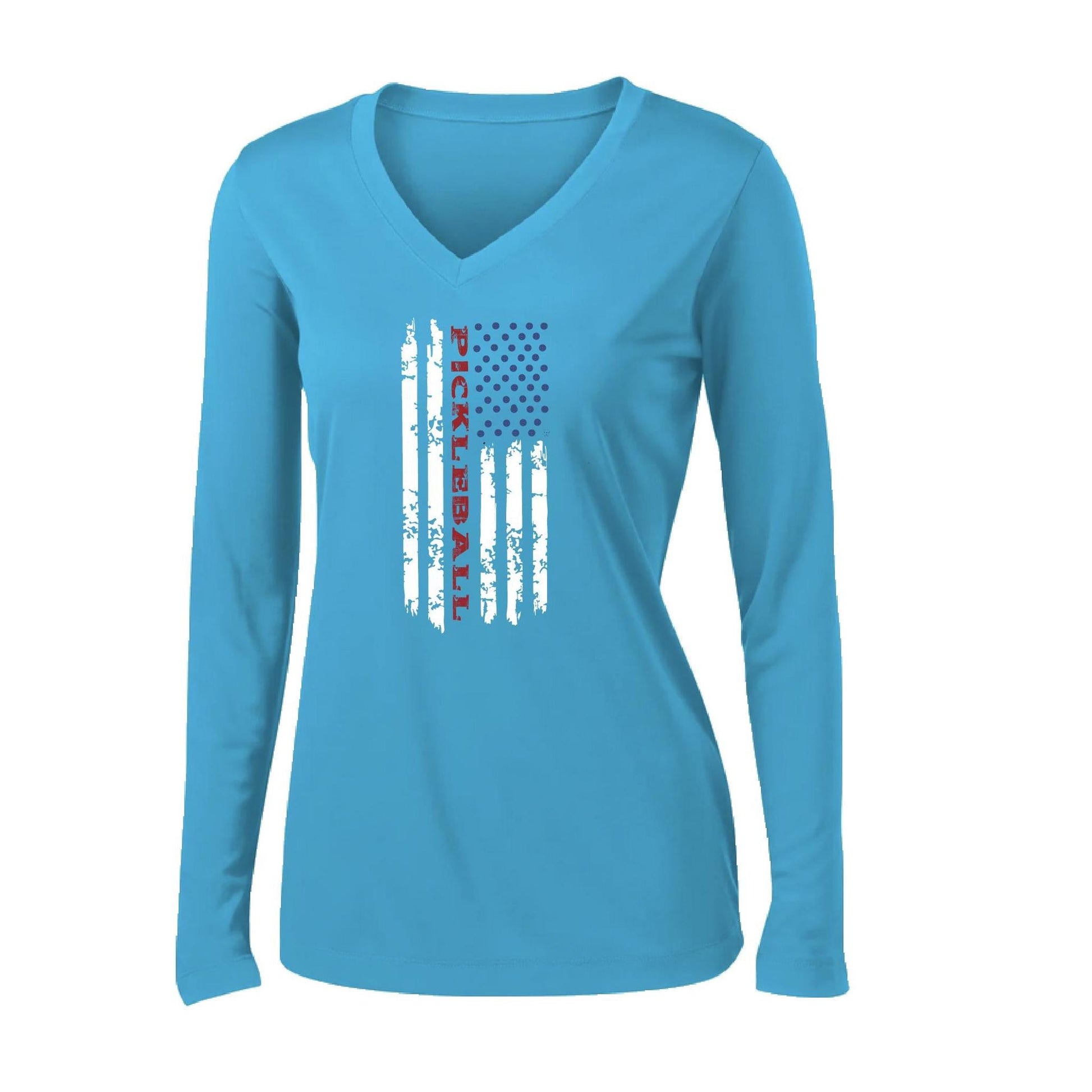 Pickleball Flag (Customizable) | Women's Long Sleeve V-Neck Pickleball Performance T-Shirts | 100% Polyester