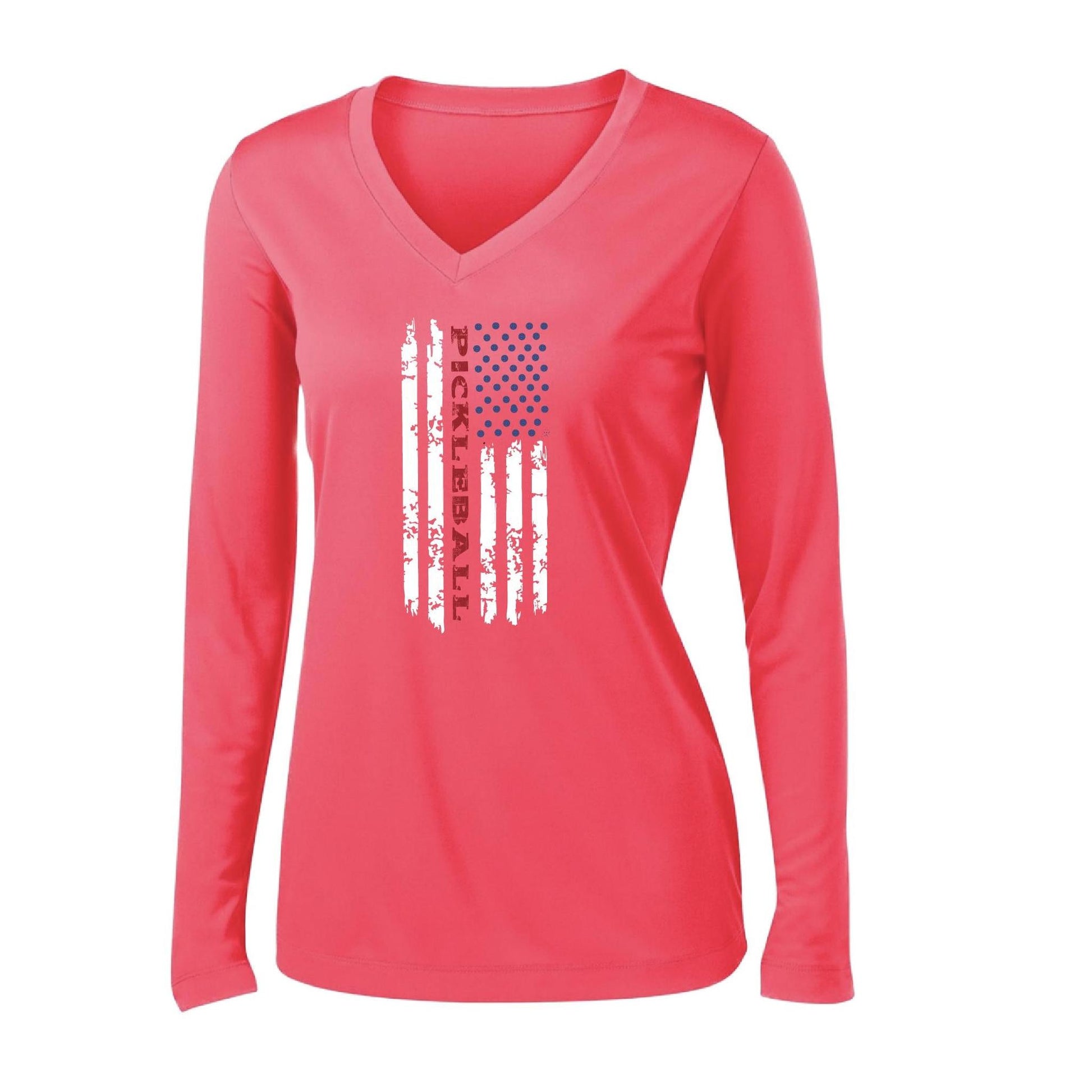 Pickleball Flag (Customizable) | Women's Long Sleeve V-Neck Pickleball Performance T-Shirts | 100% Polyester