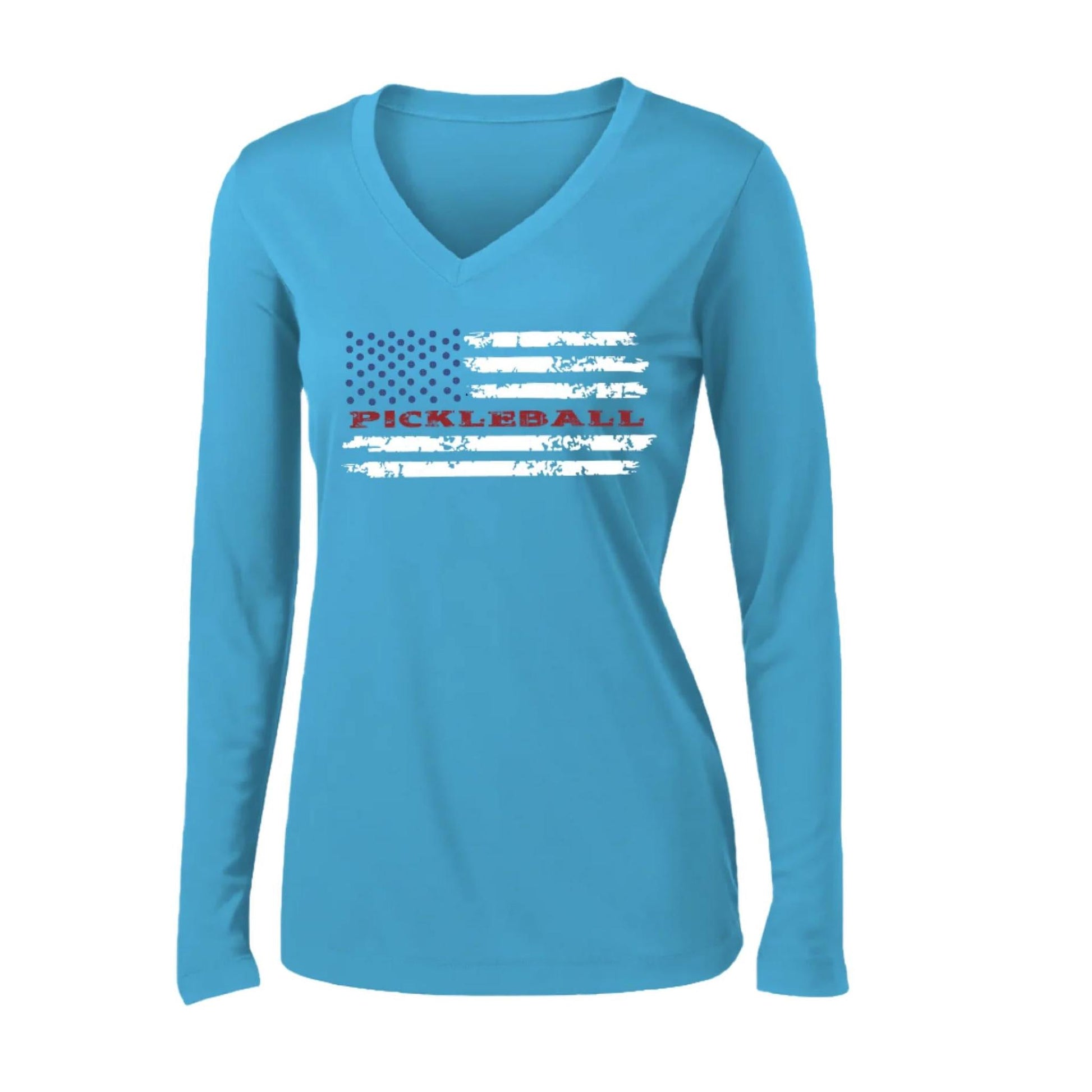 Pickleball Flag (Customizable) | Women's Long Sleeve V-Neck Pickleball Performance T-Shirts | 100% Polyester