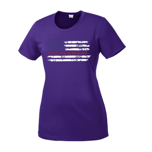 Pickleball Flag (Customizable) | Women’s Short Sleeve Crewneck Pickleball Performance T-Shirts | 100% Polyester
