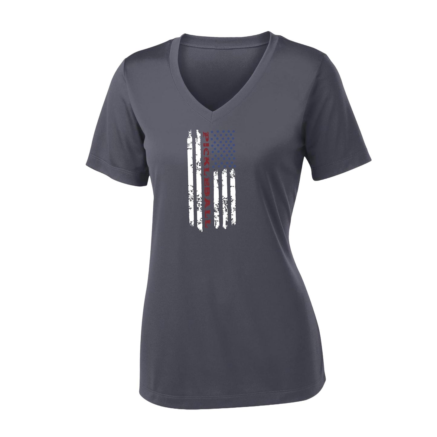 Pickleball Flag (Customizable) | Women's Short Sleeve V-Neck Pickleball Performance T-Shirts | 100% Polyester