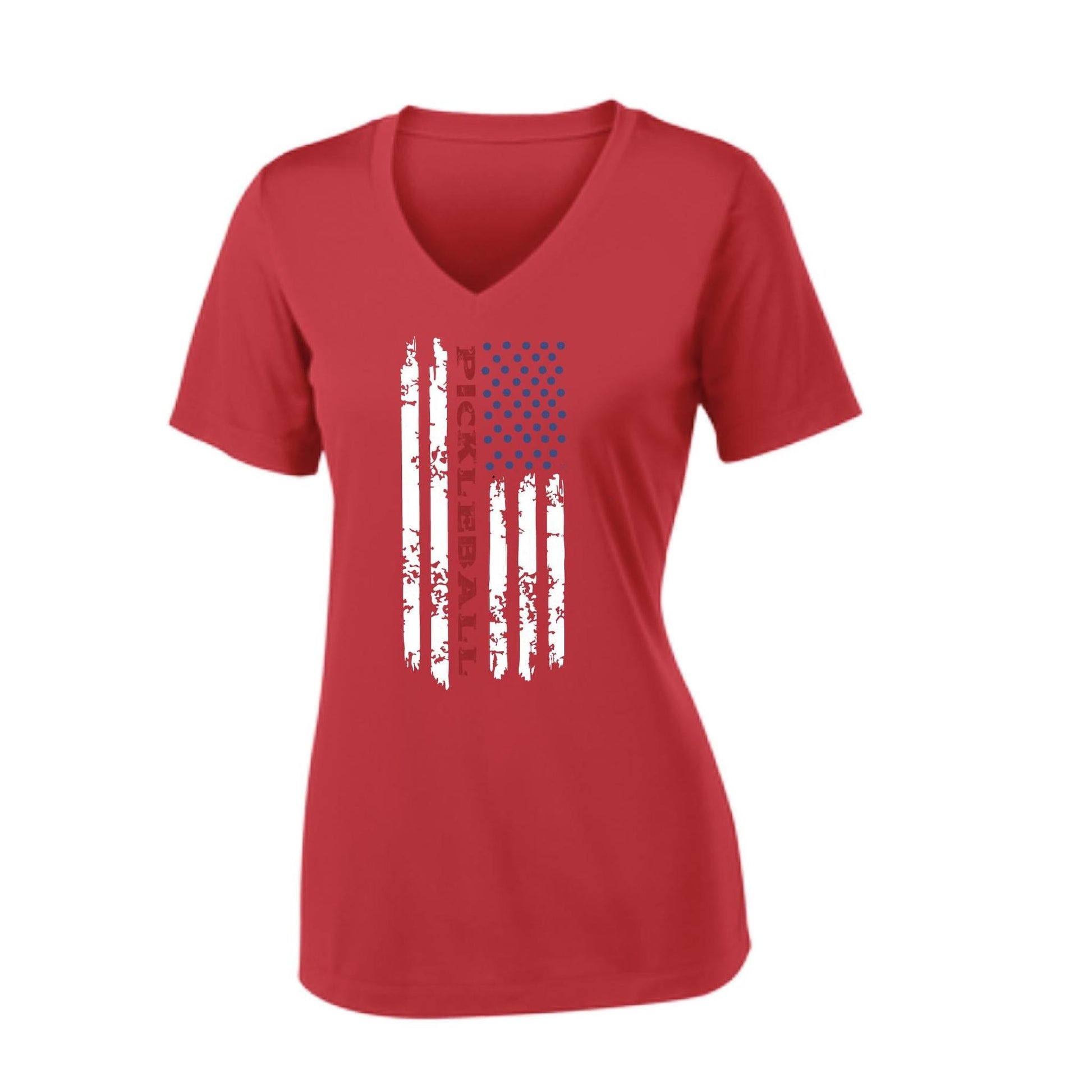 Pickleball Flag (Customizable) | Women's Short Sleeve V-Neck Pickleball Performance T-Shirts | 100% Polyester