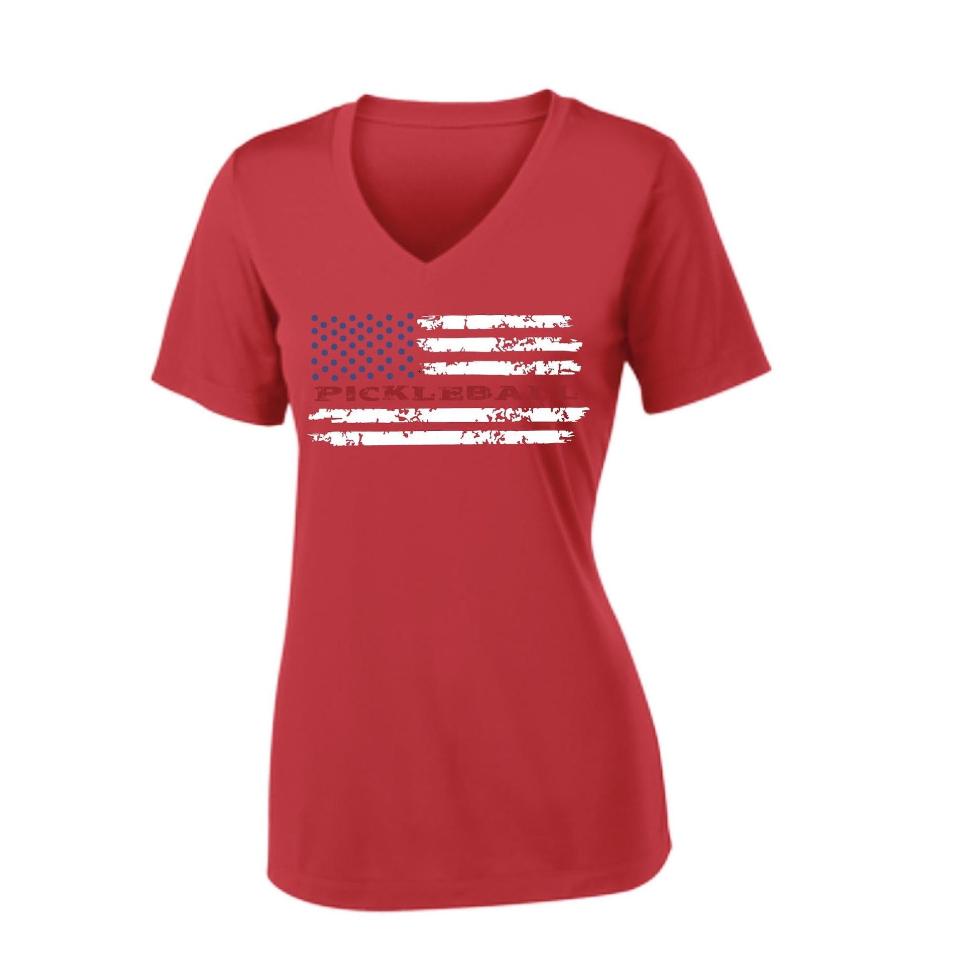 Pickleball Flag (Customizable) | Women's Short Sleeve V-Neck Pickleball Performance T-Shirts | 100% Polyester