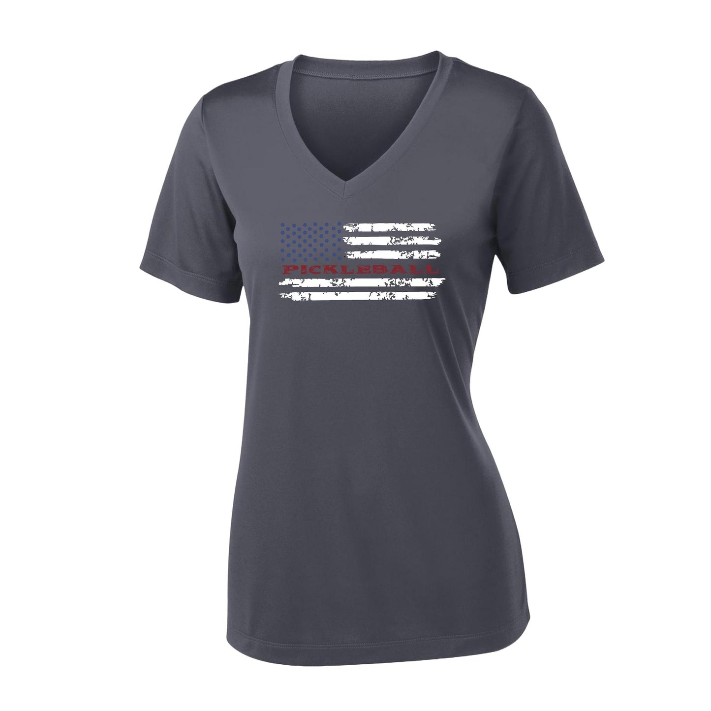 Pickleball Flag (Customizable) | Women's Short Sleeve V-Neck Pickleball Performance T-Shirts | 100% Polyester