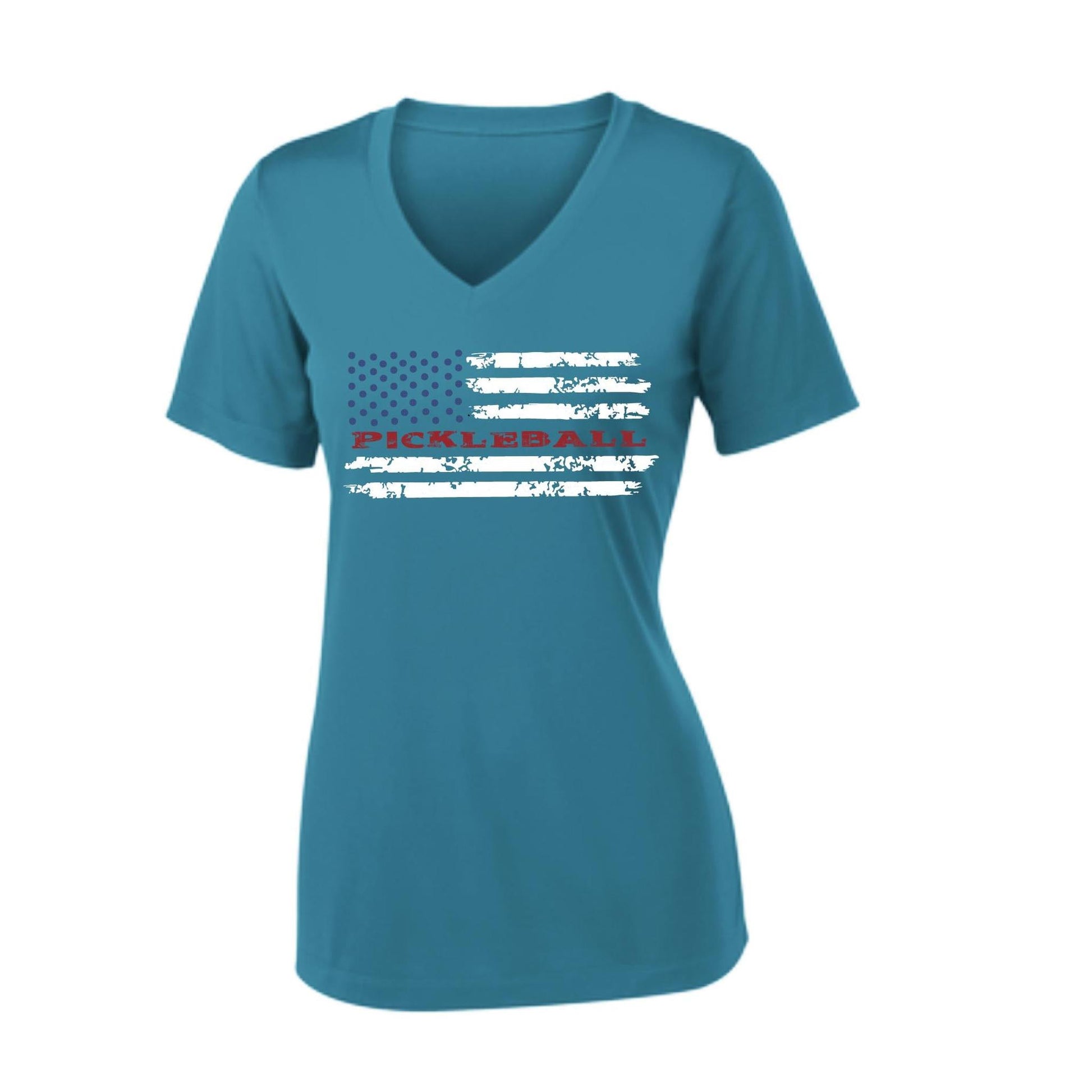 Pickleball Flag (Customizable) | Women's Short Sleeve V-Neck Pickleball Performance T-Shirts | 100% Polyester