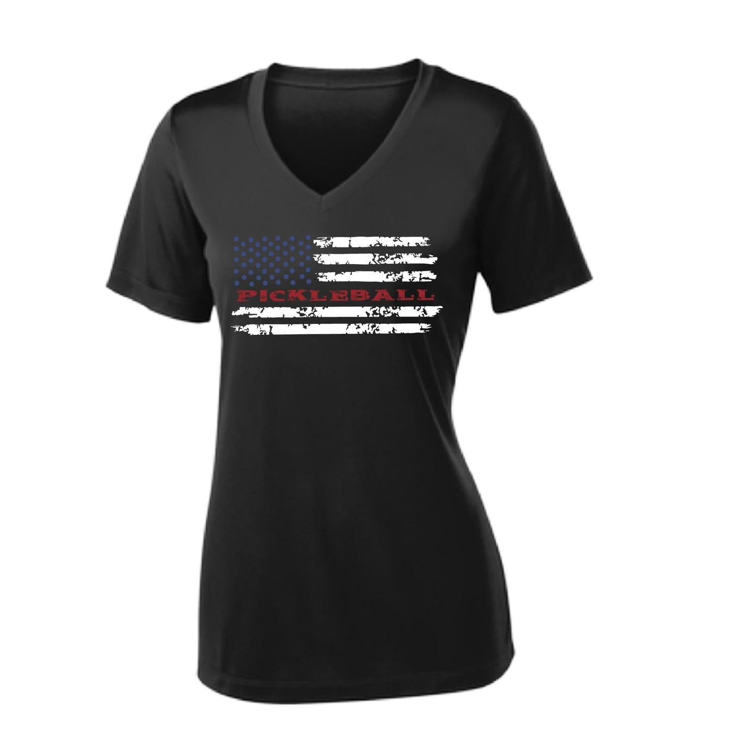 Pickleball Flag (Customizable) | Women's Short Sleeve V-Neck Pickleball Performance T-Shirts | 100% Polyester