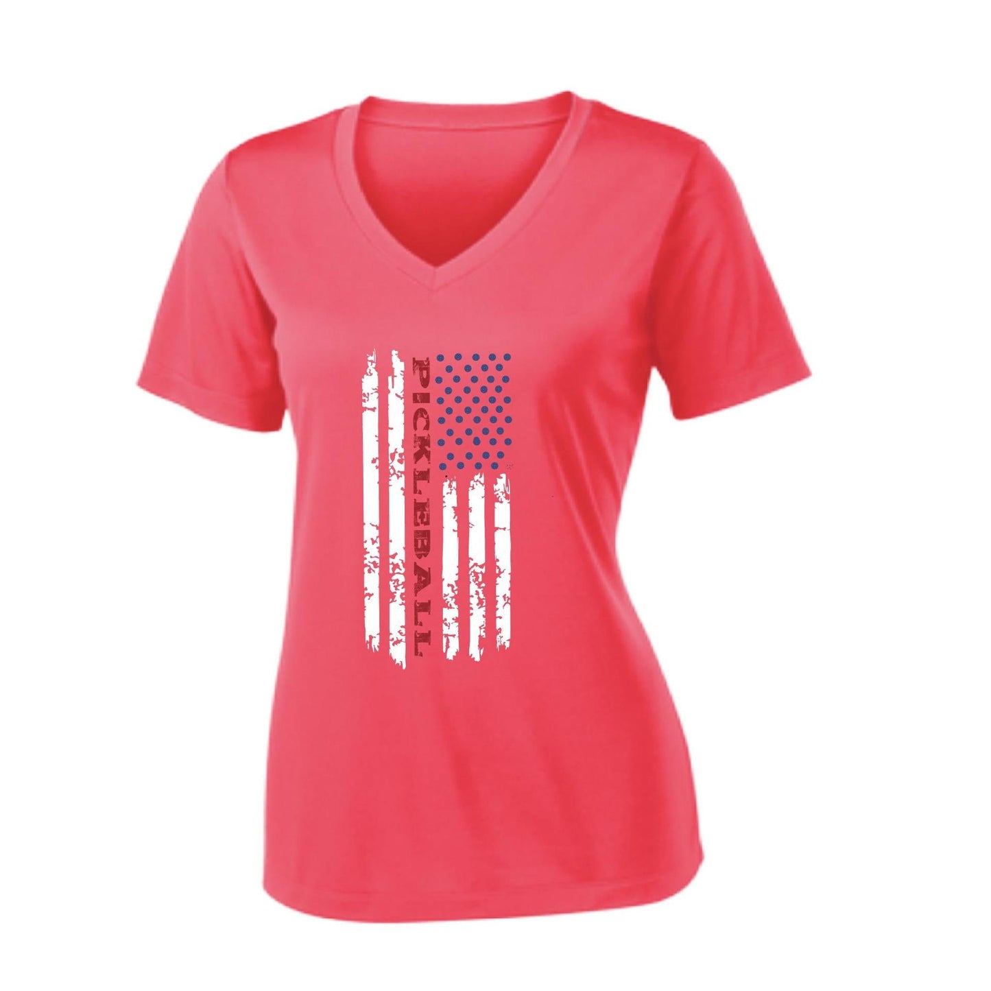 Pickleball Flag (Customizable) | Women's Short Sleeve V-Neck Pickleball Performance T-Shirts | 100% Polyester