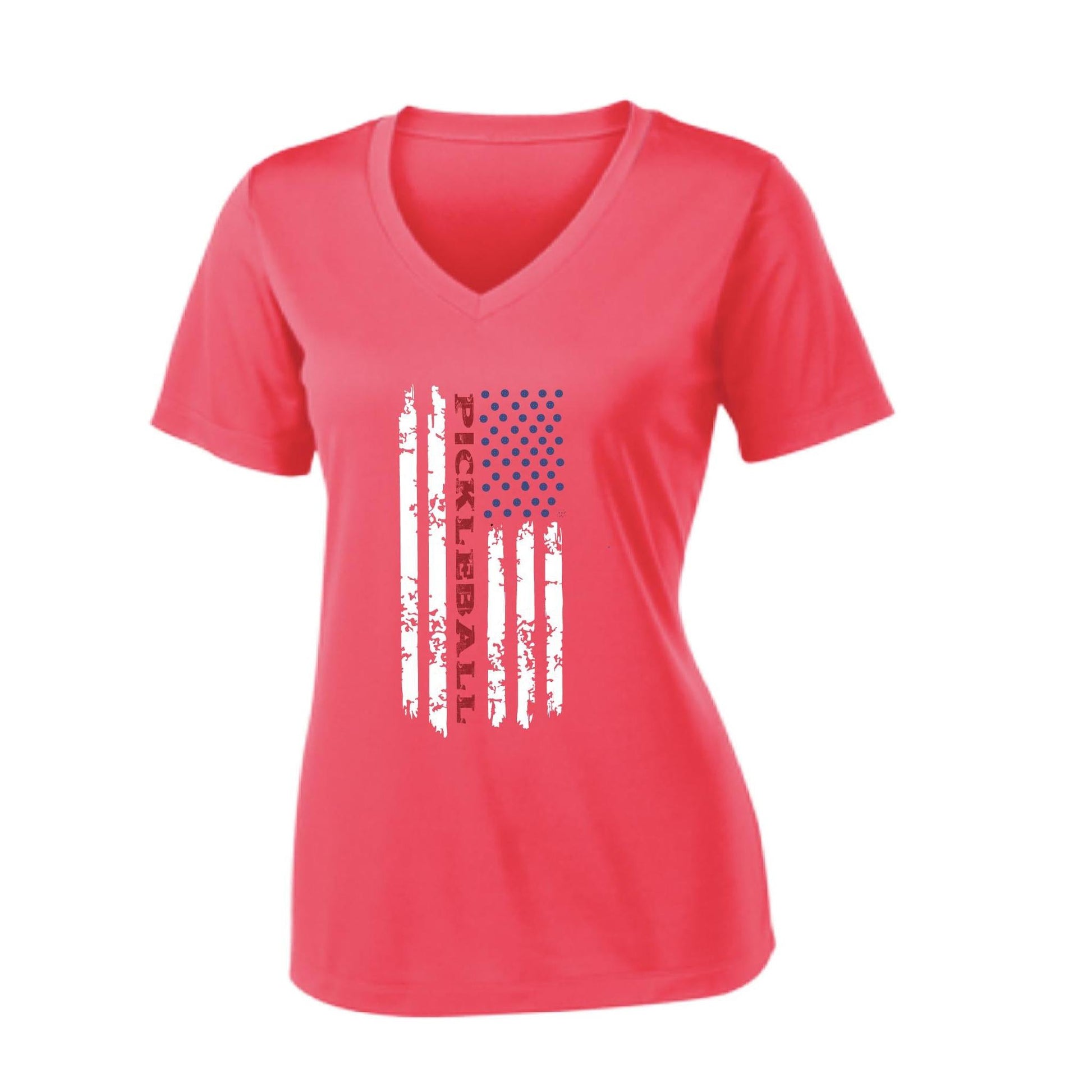 Pickleball Flag (Customizable) | Women's Short Sleeve V-Neck Pickleball Performance T-Shirts | 100% Polyester