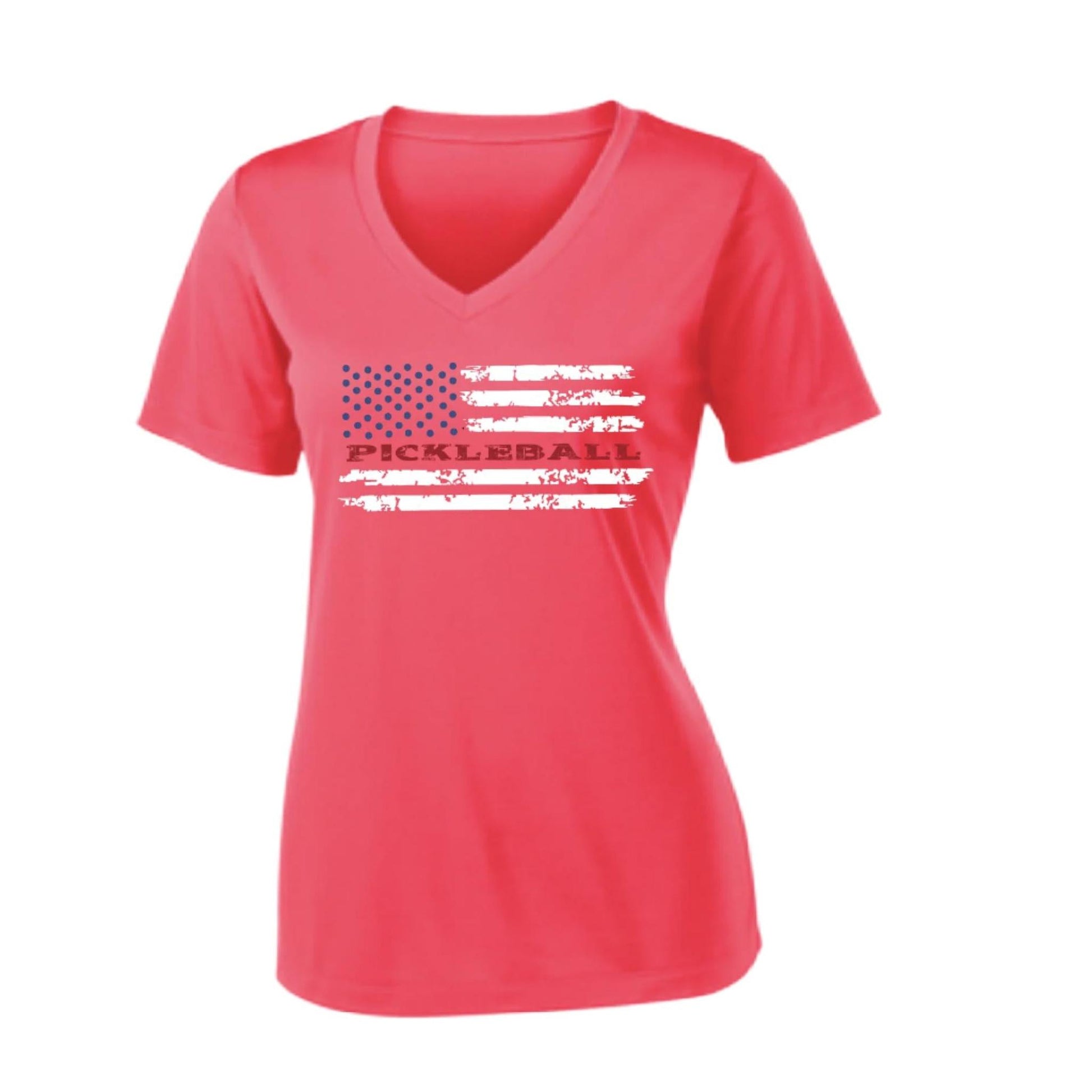 Pickleball Flag (Customizable) | Women's Short Sleeve V-Neck Pickleball Performance T-Shirts | 100% Polyester
