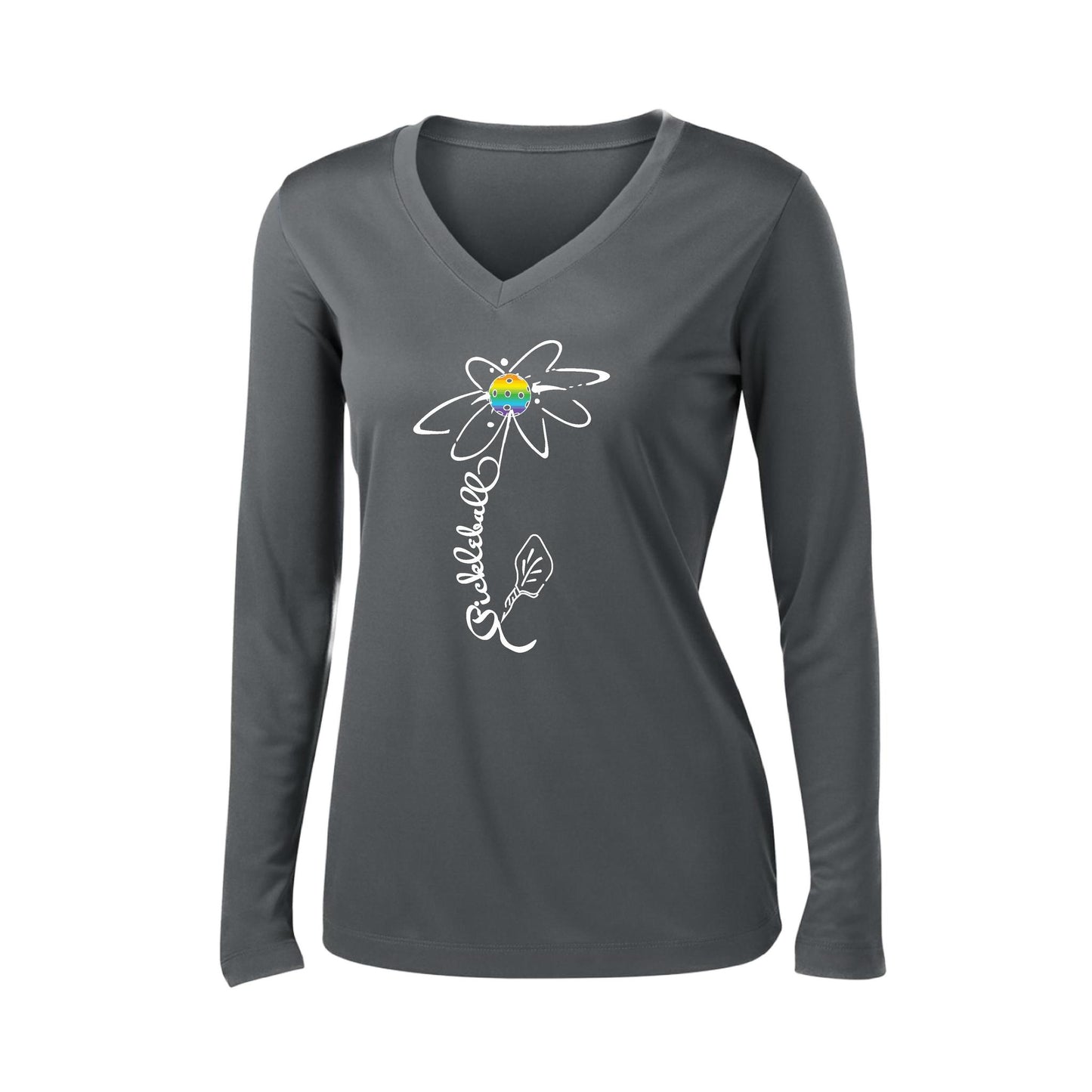 Pickleball Flower (8 Custom Pickleball Colors) | Women’s Long Sleeve V-Neck Pickleball Performance T-Shirt | 100% Polyester